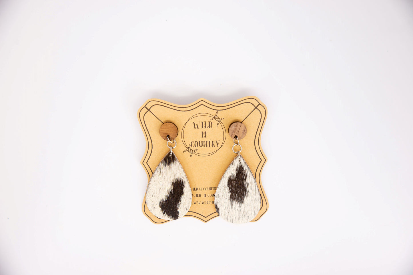 Cowhide Teardrop Earring with Wood - Black and White