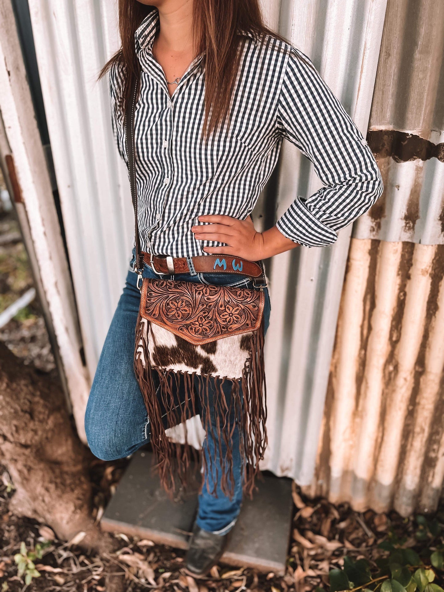 Bogota -Tooled Brown Leather Fringed Flap Bag