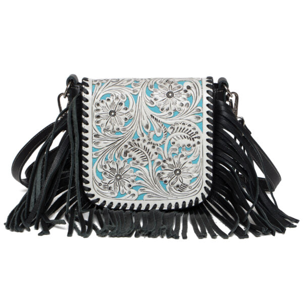 Aviana Black, white & turquoise Tooled Fringe bag - Small
