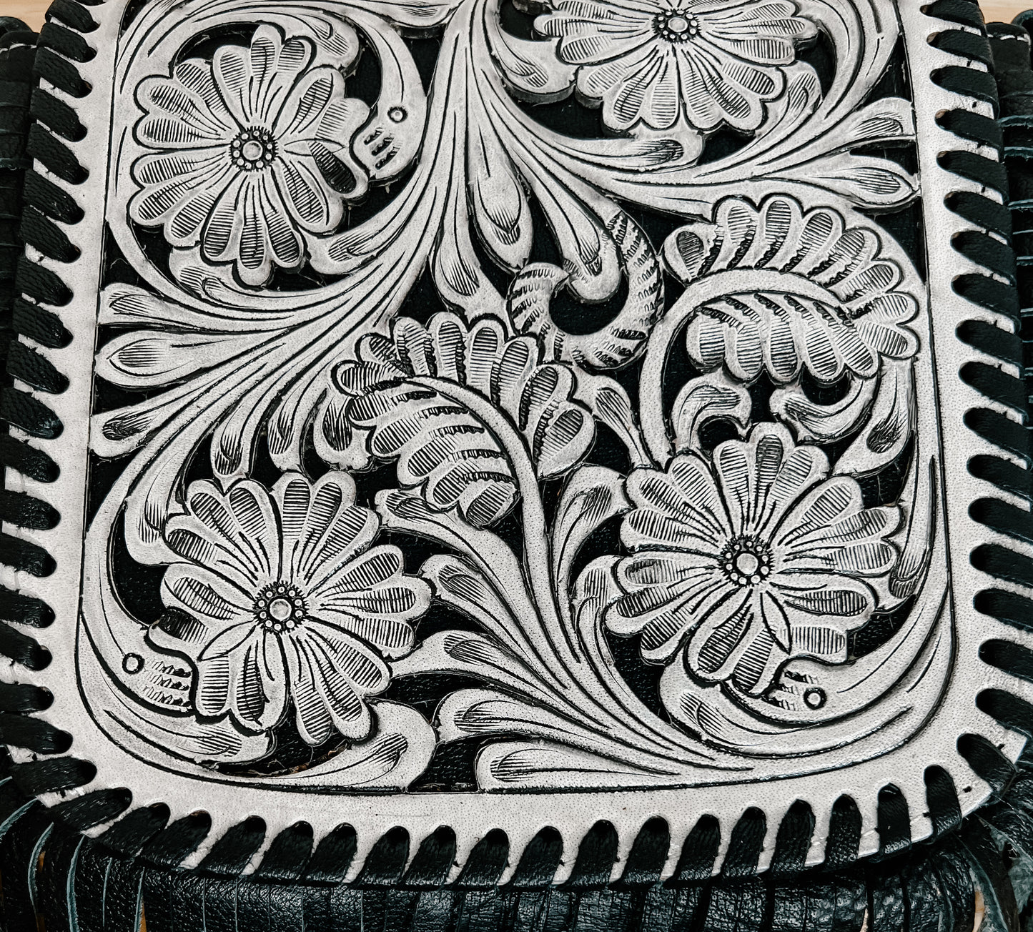Aviana Black & White Tooled Fringe bag - Small
