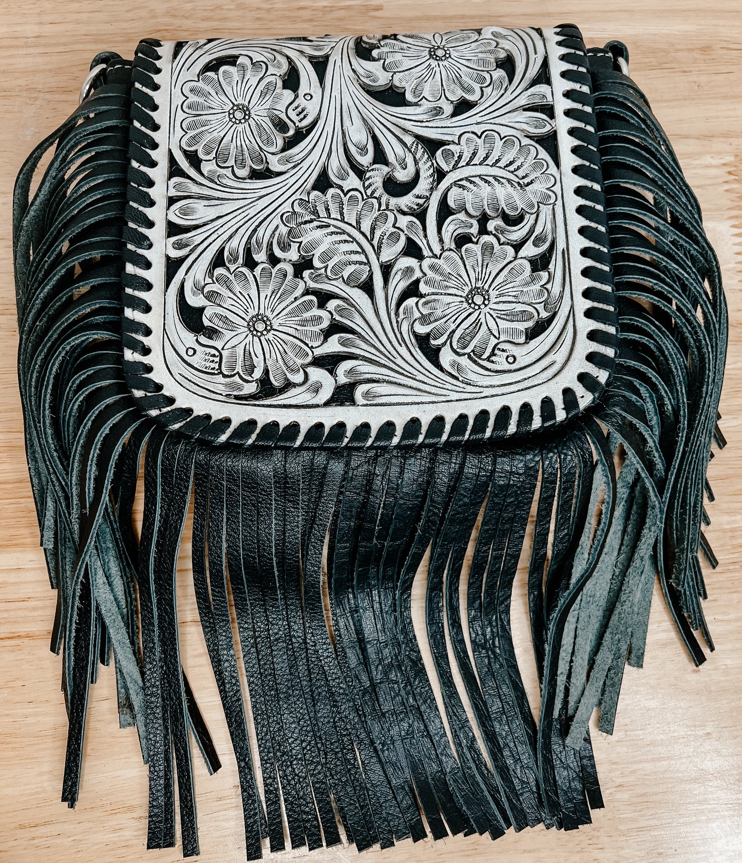 Aviana Black & White Tooled Fringe bag - Small
