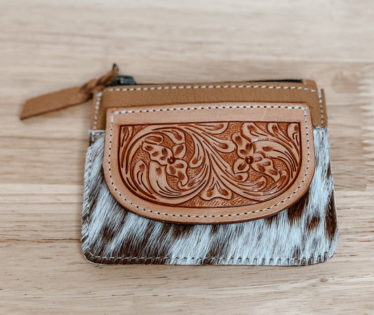 Poppy Cowhide Tooled Leather coin purse, Tan, Brown & Black