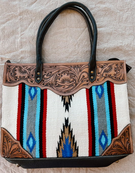 Red & White Saddle Blanket Brown Tooled leather Large Handbag
