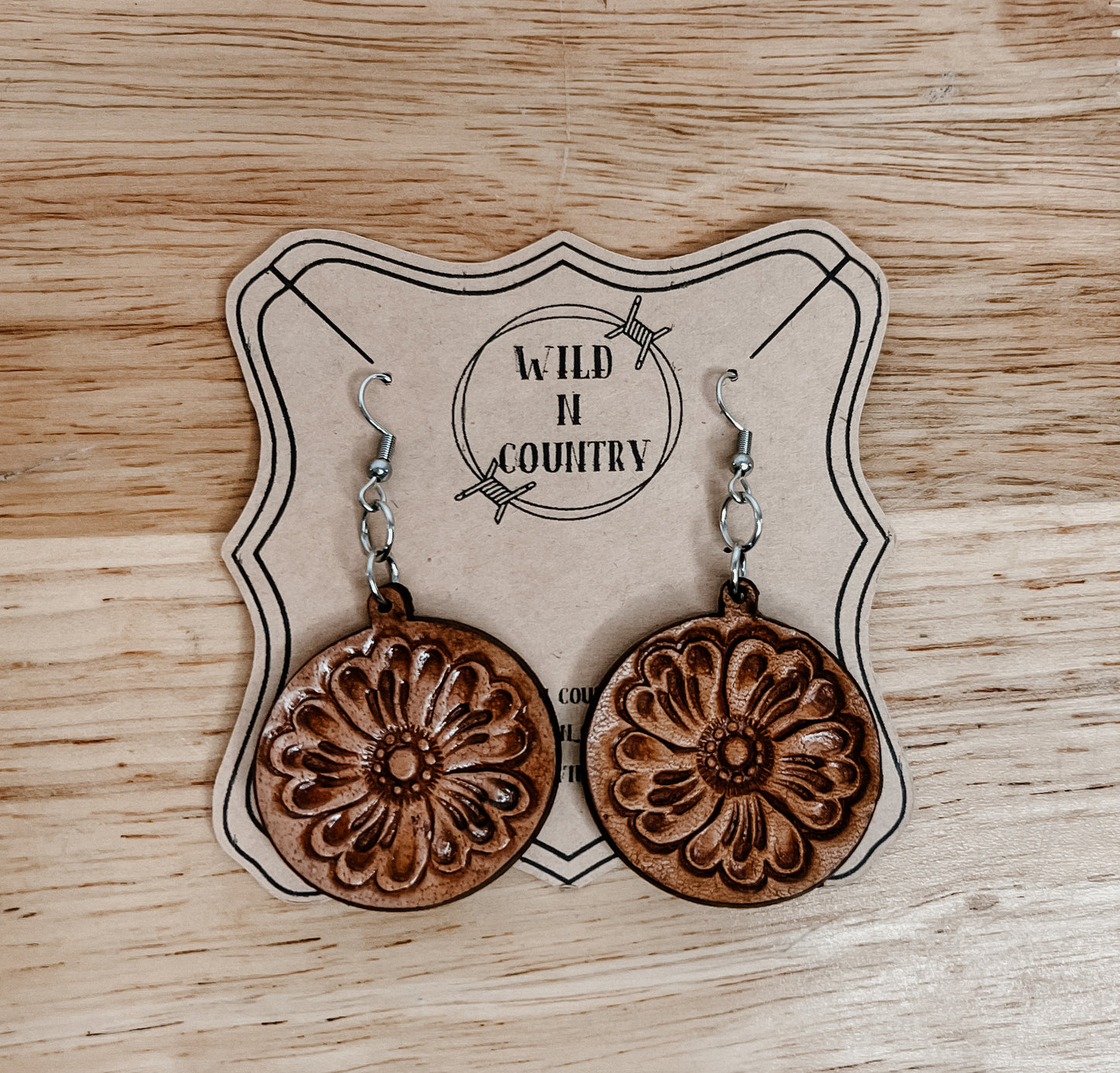 Brown Tooled Round Drop Earrings