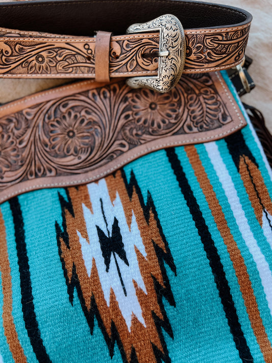Turquoise Saddle Bag Brown Tooled Leather Tassel