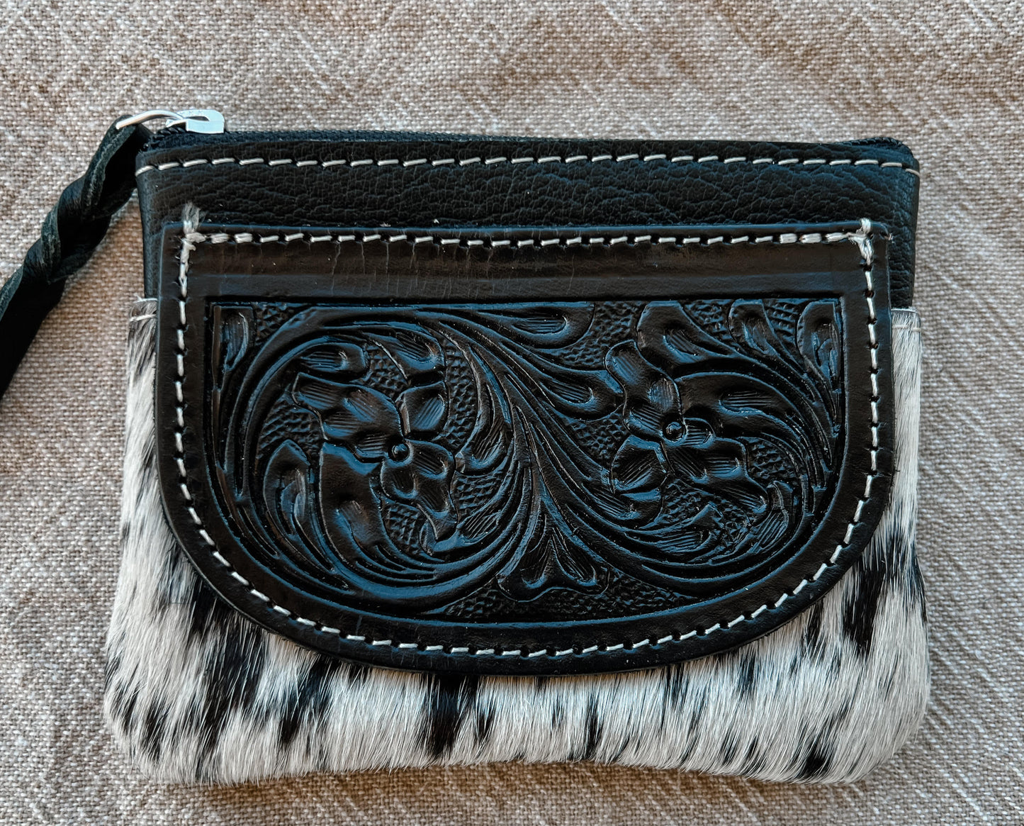Poppy Cowhide Tooled Leather coin purse, Tan, Brown & Black