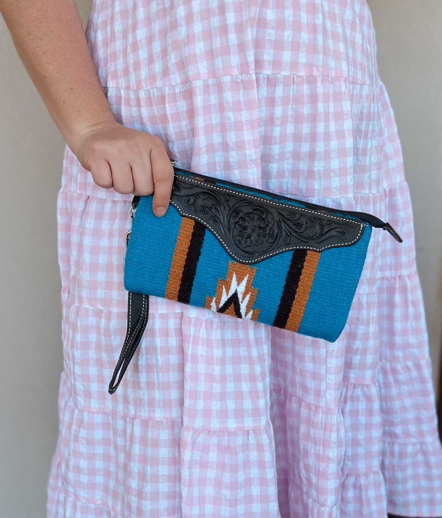 Blue & Brown  Saddle Bag Tooled Leather Wallet