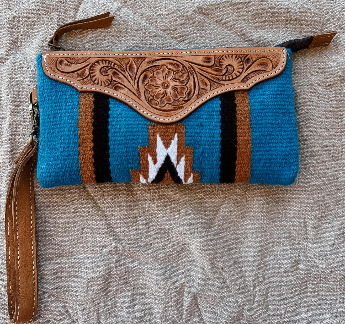Blue & Brown  Saddle Bag Tooled Leather Wallet