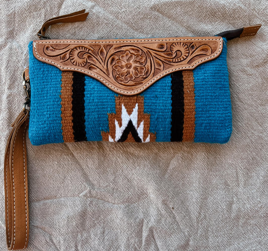 Blue & Brown  Saddle Bag Tooled Leather Wallet