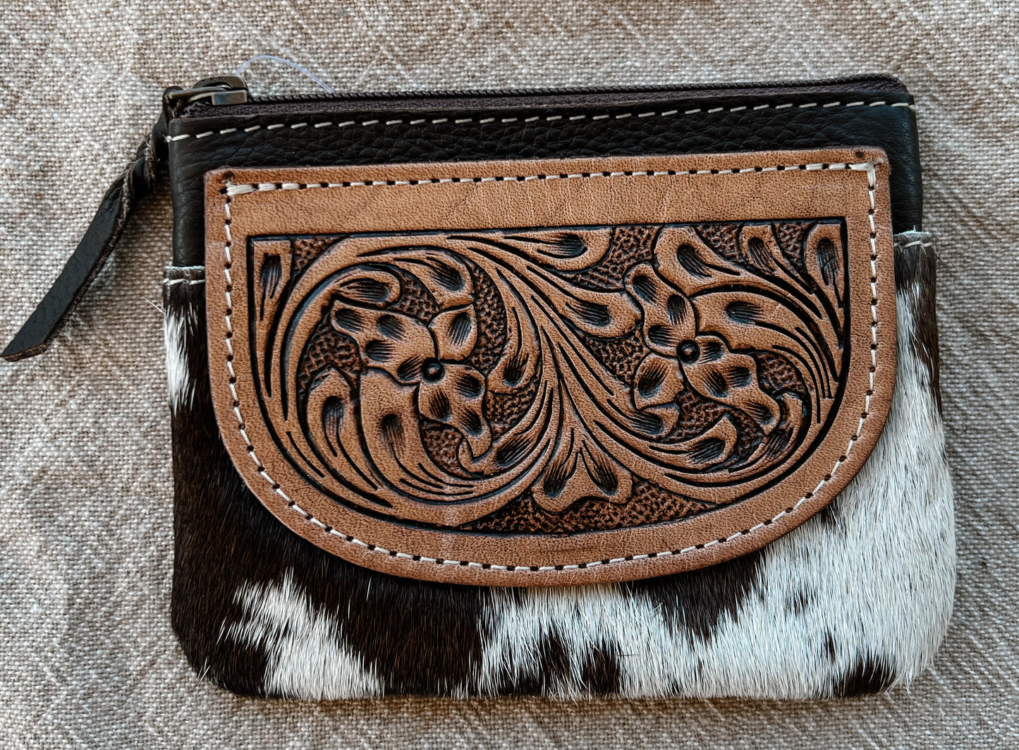 Poppy Cowhide Tooled Leather coin purse, Tan, Brown & Black