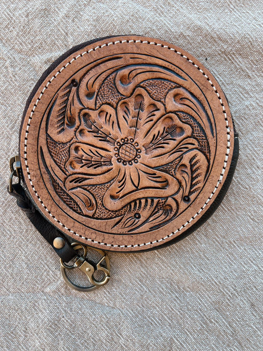 Round Tooled Leather Coin Purse/ Bag Attachment