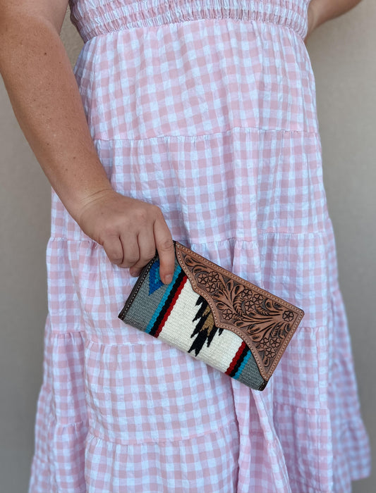 Red & White Saddle Blanket Slim Wallet with Tooled Leather