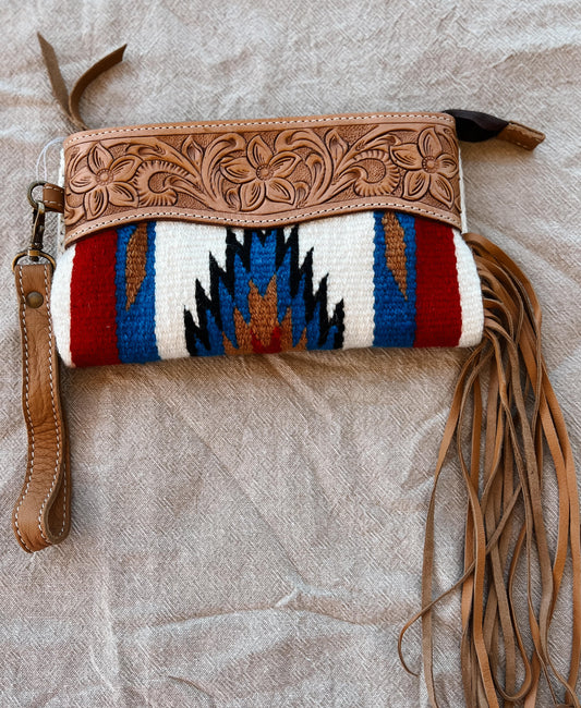 Red & Blue Saddle Blanket wallet with Tooled leather and tan tassels