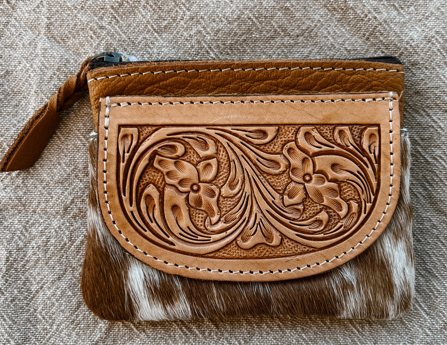 Poppy Cowhide Tooled Leather coin purse, Tan, Brown & Black