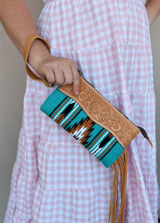 Teal & Tan Tooled Saddle Bag wallet with Tassel