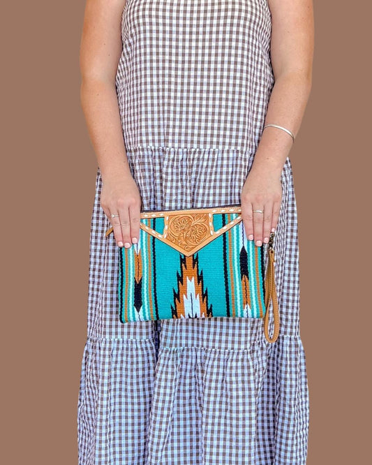 Saddle Blanket Clutch with Tooled Leather