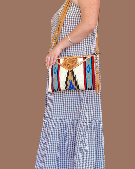 Red/White Saddle Blanket Clutch with Tooled Leather