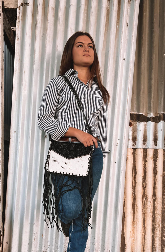Bogota -Tooled Black Leather Fringed Flap Bag