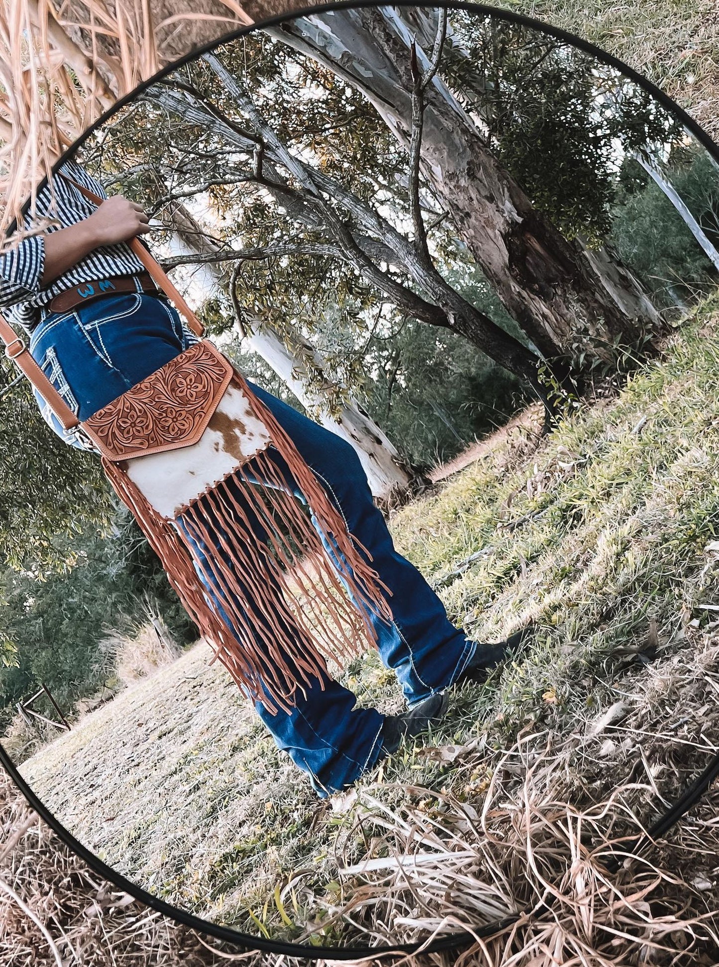 Tooled Leather Fringed Flap Bag