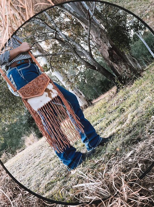 Bogota -Tooled Tan Leather Fringed Flap Bag