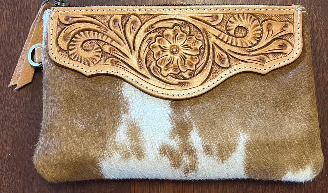 Anna Cowhide and Tooled Leather Clutch